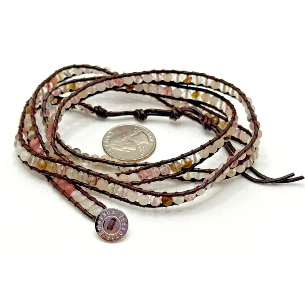 Victoria Emerson Wrap Bracelet Brown Leather Multicolor Stone Beaded Boho 33-36